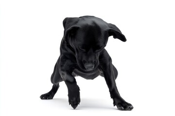 Fototapeta premium An adorable black puppy expressing playfulness while posing in a studio setting, highlighting the joy and companionship of pets in our lives, full of love and energy.