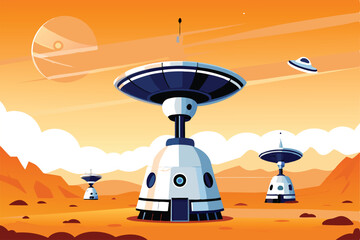 Futuristic Mars base, sleek design, advanced technology, alien drone surveillance, spacecraft landing, red planet backdrop. © ndomble
