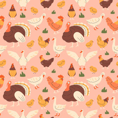 Farmer seamless pattern, chickens, chickens, geese, geese, turkey on a light background