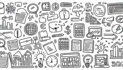 Doodle business icon set. Doodle business, finance, office teamwork concept. Calendar, calculator, chart element. Hand drawn sketch style perfect any project.