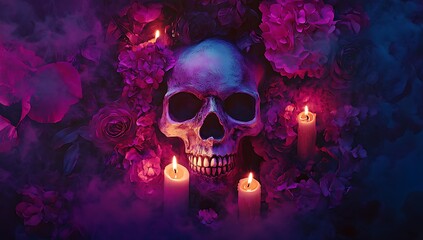 A group of candles and flowers with a skull on a dark background for the Day of the Dead festival