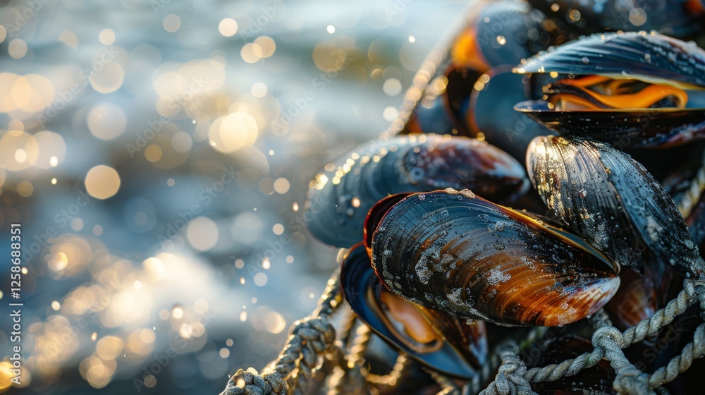 Poster mussels are clustered together on a rope net, sparkling under the sunlight with water droplets surro