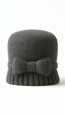 Dark grey wool winter hat with bow, studio shot on white background, ideal for online fashion retail