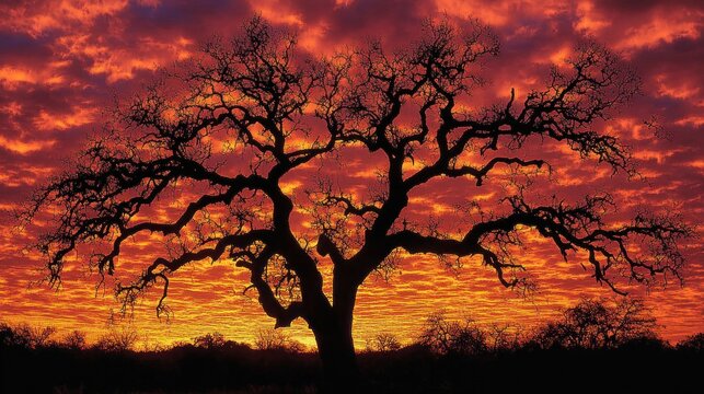 Silhouette Oak Tree Sunset Sky - Powered by Adobe