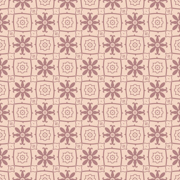 Fototapeta Vector floral seamless pattern with ethnic folk motifs. Simple abstract geometric ornament texture with cute flowers, repeat tiles. Retro vintage style background. Pink and beige repeated geo design