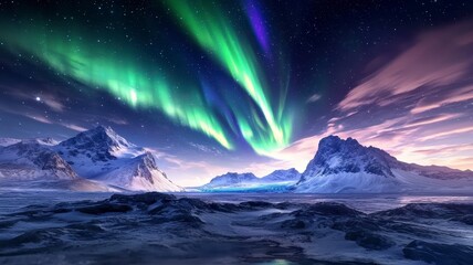 Naklejka premium Aurora Australis Concept. A breathtaking display of the northern lights illuminates the night sky over icy mountains and a serene ocean, creating a mesmerizing natural spectacle.