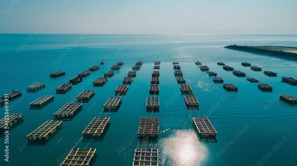 Poster Numerous aquaculture structures are spread across calm waters, creating a unique pattern against the backdrop of a clear blue sky during a sunny afternoon.