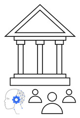Classical columned building with AI-powered human head, three user icons. Ideal for government, AI ethics, legal tech, innovation, decision-making, teamwork, abstract line flat metaphor
