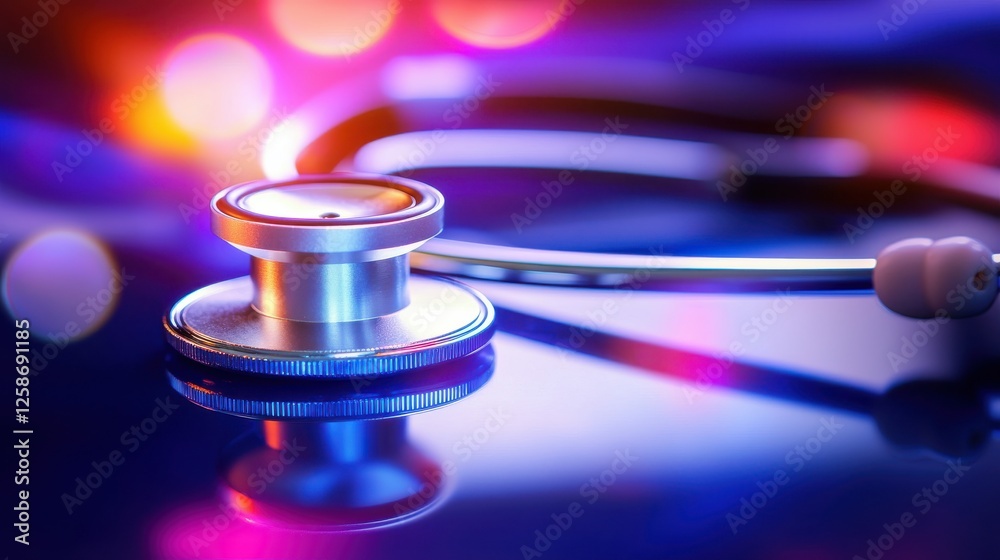 Aufkleber A stethoscope and digital health chart concepts. Close-up of a stethoscope on a reflective surface with colorful lights in the background.