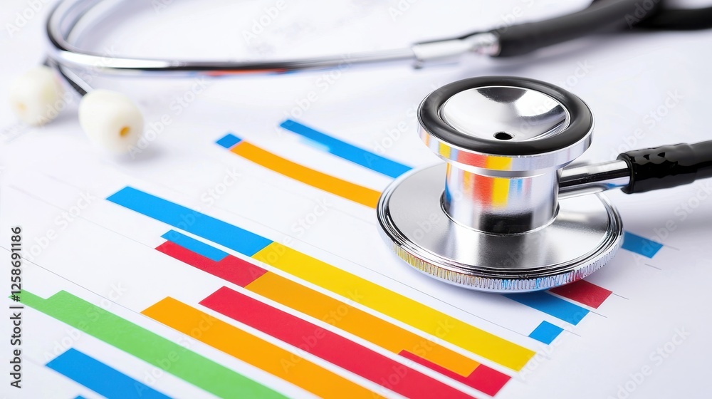 Fototapete a stethoscope and digital health chart concepts. stethoscope resting on colorful bar graphs, symboli