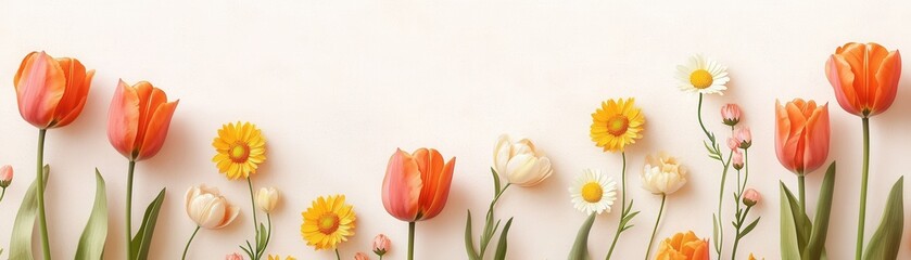 Naklejka premium A colorful arrangement of tulips and daisies against a soft background, showcasing nature's beauty and springtime freshness.