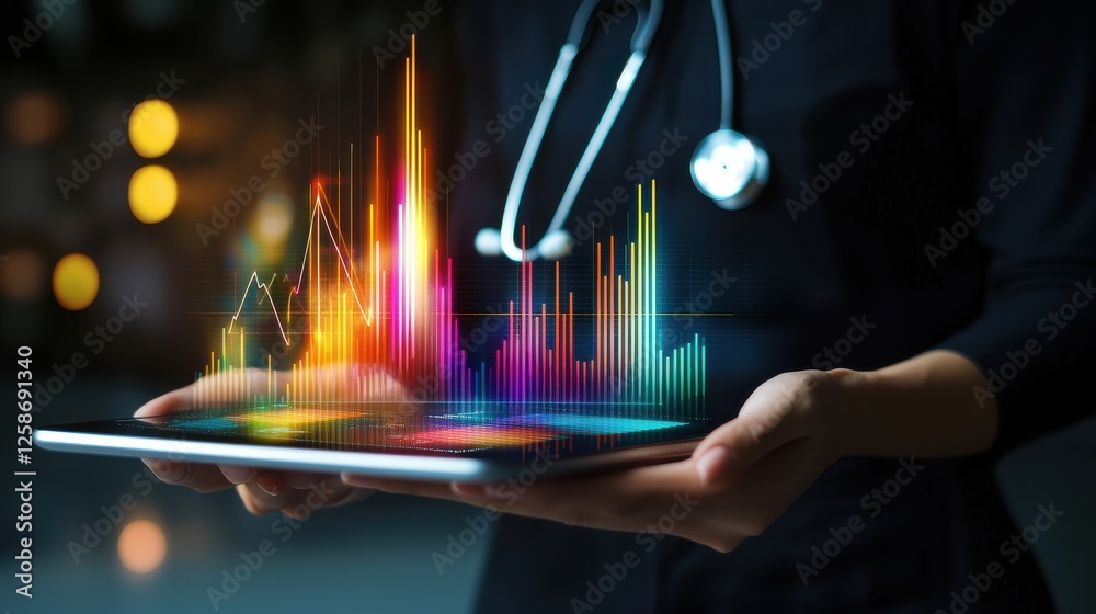 Aufkleber a stethoscope and digital health chart concepts. digital healthcare analytics displayed on a tablet,