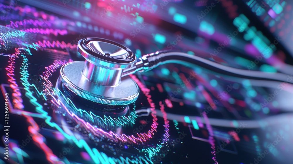 Aufkleber A stethoscope and digital health chart concepts. Digital stethoscope overlaid with colorful data patterns, symbolizing healthcare technology and innovation.