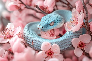 Fototapeta premium Serene Light Blue Snake Coiled Amidst Delicate Pink Blossom Branches