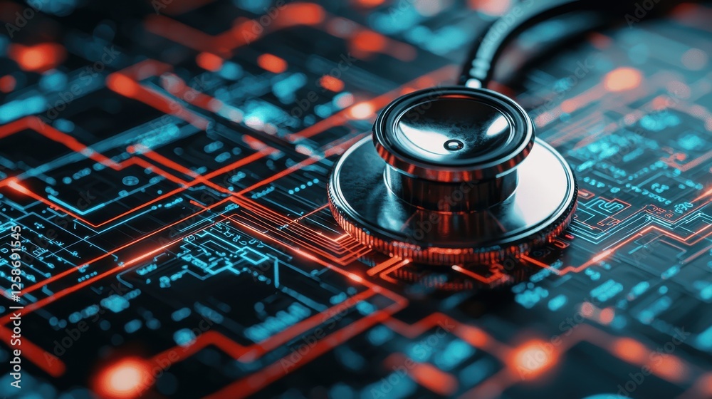Aufkleber a stethoscope and digital health chart concepts. stethoscope on a digital circuit board, symbolizing