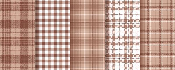 Plaid background. Tartan seamless pattern. Flannel brown textures. Set lumberjack prints. Shirt textile. Check cloth in Mocha Mousse color. Vichy fabrics. Gingham tablecloth. Vector illustration