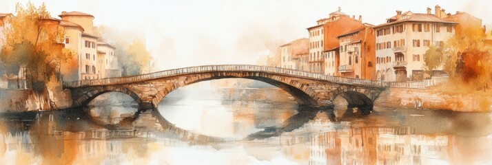 Soft watercolor artwork of a stone bridge over a calm river with reflections, framed by warm toned old town buildings. Generative AI