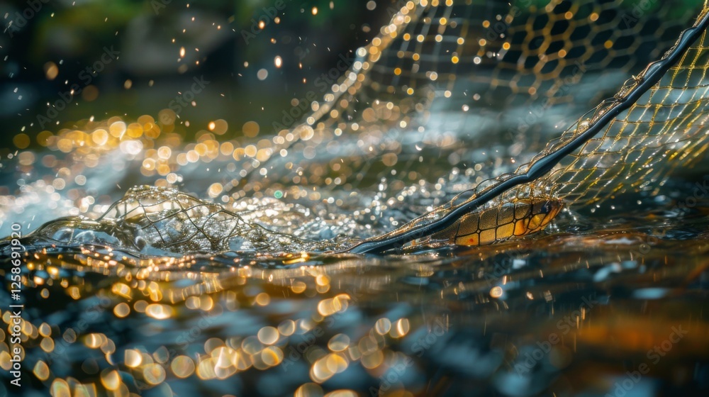 Poster morning sunlight glistens on water as a net plunges into the lake, creating dynamic splashes while c