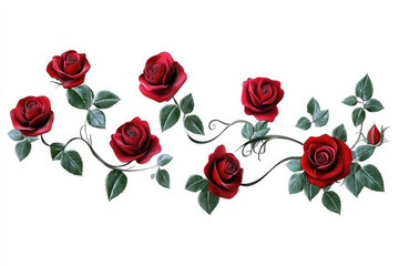 Red roses elegantly arranged with green leaves on a white background for decorative purposes