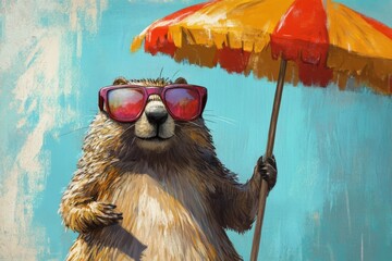 A humorous cartoon depicts a beaver standing under an umbrella, wearing sunglasses and enjoying a sunny day at the beach