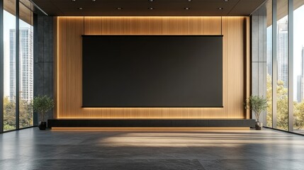 Modern Office Presentation Space Large Black Screen Wooden Wall