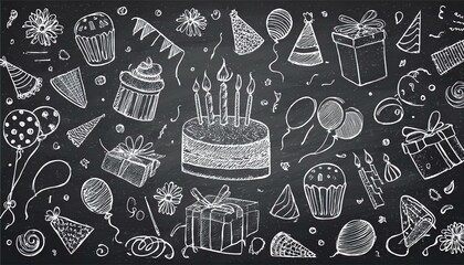 Birthday doodle icon element on chalkboard background. Hand drawn sketch doodle birthday cake, balloon, event decoration element. Party, carnival celebration concept background. perfect any project.