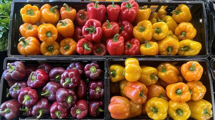 Colorful bell peppers displayed in crates at a market.