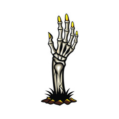 Illustrate a skeletal hand emerging from cracked, dark earth, reaching upwards towards a faint light.  Focus on detail in bone texture and soil.