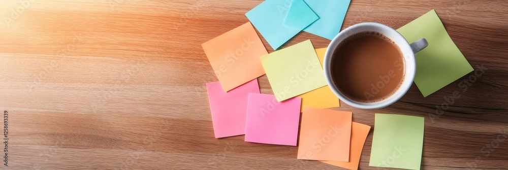 Fototapete cluttered workspace features colorful sticky notes and a cup of coffee, symbolizing the chaos and st