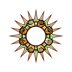 Illustrate a vibrant sun with radiant rays formed by diverse human hands reaching upwards, symbolizing unity and global collaboration.