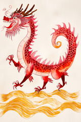 Majestic red dragon with artistic strokes on golden waves