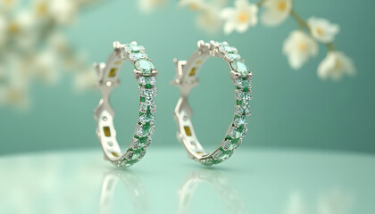 Exquisite emerald and diamond hoop earrings, minimalist glamorous jewelry, photorealism
