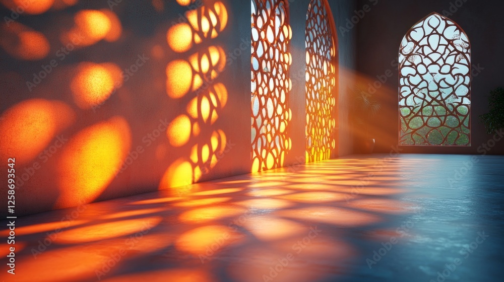 Poster Intricate arabesque patterns cast delicate shadows on the smooth floor as warm sunlight streams through ornate windows, transforming the space into a serene oasis filled with mesmerizing light