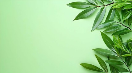 Fototapeta premium Fresh Green Leaves On Light Green Background