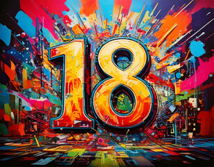 number 18 vector, 3d number 18, birthday, Vintage grunge background, 50s Mid Century Modern, groovy background, yellow red background illustration painting	