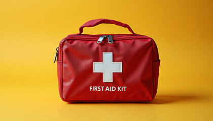 Red first aid kit on yellow background for medical blogs and emergency awareness