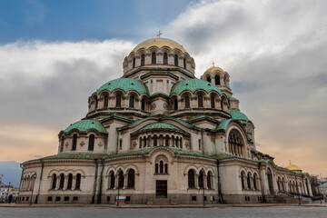 Saint Alexander Nevsky Cathedral in Sofia, Bulgaria during sunset.