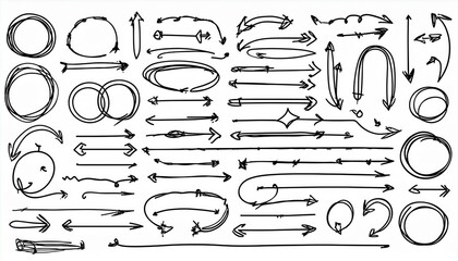 Line arrow, underline, round frame hand drawn vector element set. Hand drawn doodle scribble text highlight, underline, arrow pen stroke style. Doodle grunge rough element. perfect any project.