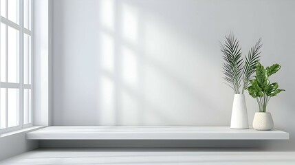Fototapeta premium White Minimalist Shelf with Greenery and Sunlight