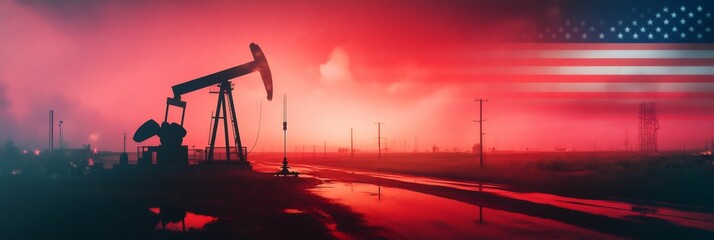 Oil pump extracting crude oil in a u.S. Oilfield at sunset, with the american flag silhouetted in the background, highlighting the oil industry's significance