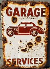 Rusty garage sign with vintage car illustration.