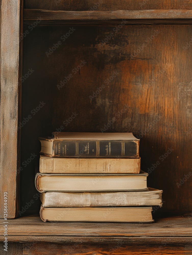 Poster Rustic wooden shelf showcasing a stack of vintage books in a cozy reading nook with ample space for personalized text. Generative AI