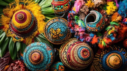 Fototapeta premium Vibrant display of indigenous artistry featuring handcrafted hats and vessels