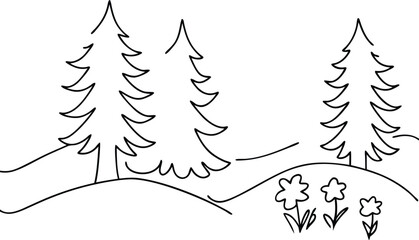 Fototapeta premium Simple Line Drawing of Evergreen Trees and Spring Flowers