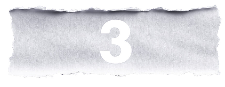 Torn Paper Number Three: A piece of torn paper reveals the number three, a simple yet striking image with a raw, textured feel.