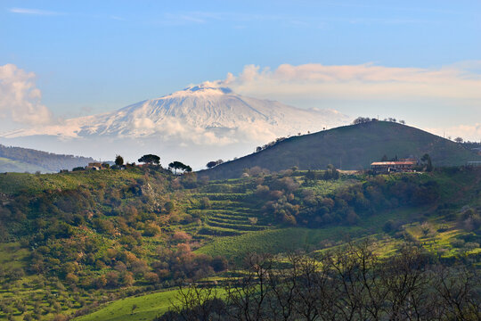 the Etna volcano in the background and the valleys of Central Sicily near Agira, Enna.