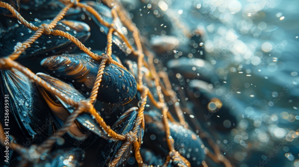 Poster mussels are caught in a fishing net underwater, with sunlight filtering through the water, creating 