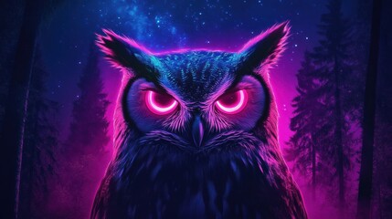 Majestic owl with glowing eyes in a mystical forest under starry night sky. Generative AI