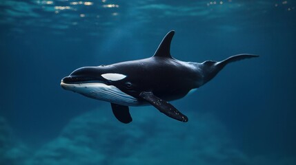 Fototapeta premium Orca Swimming Underwater In Dark Blue Water