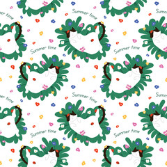 Seamless summer pattern with a cute white cat relaxing on green grass with colorful flower and text Summer Time. Ideal for seasonal prints, fabric, textile and home decor on white background.